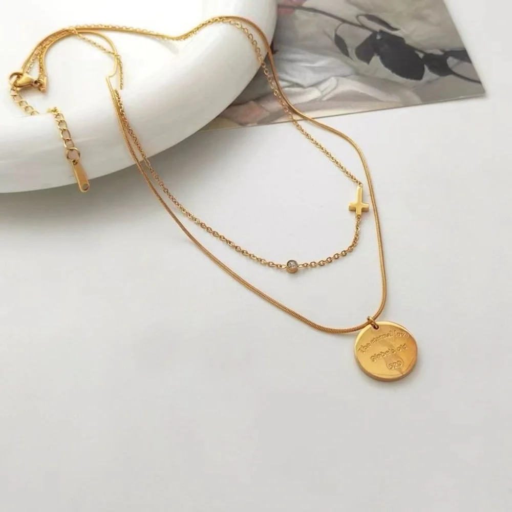 18K Gold Plated Double Layered Necklace*Stackable Cross Necklace*Round PendantLW - Picture 8 of 8